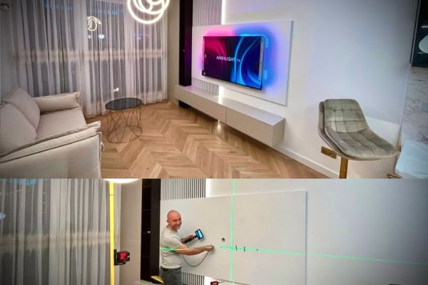 Montaż telewizora w salonie nad szafką RTV